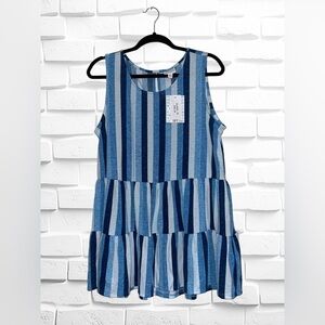 LuLaRoe Women’s Medium Eliana Tiered Tank Top • Blue Vertical Stripes Sleeveless